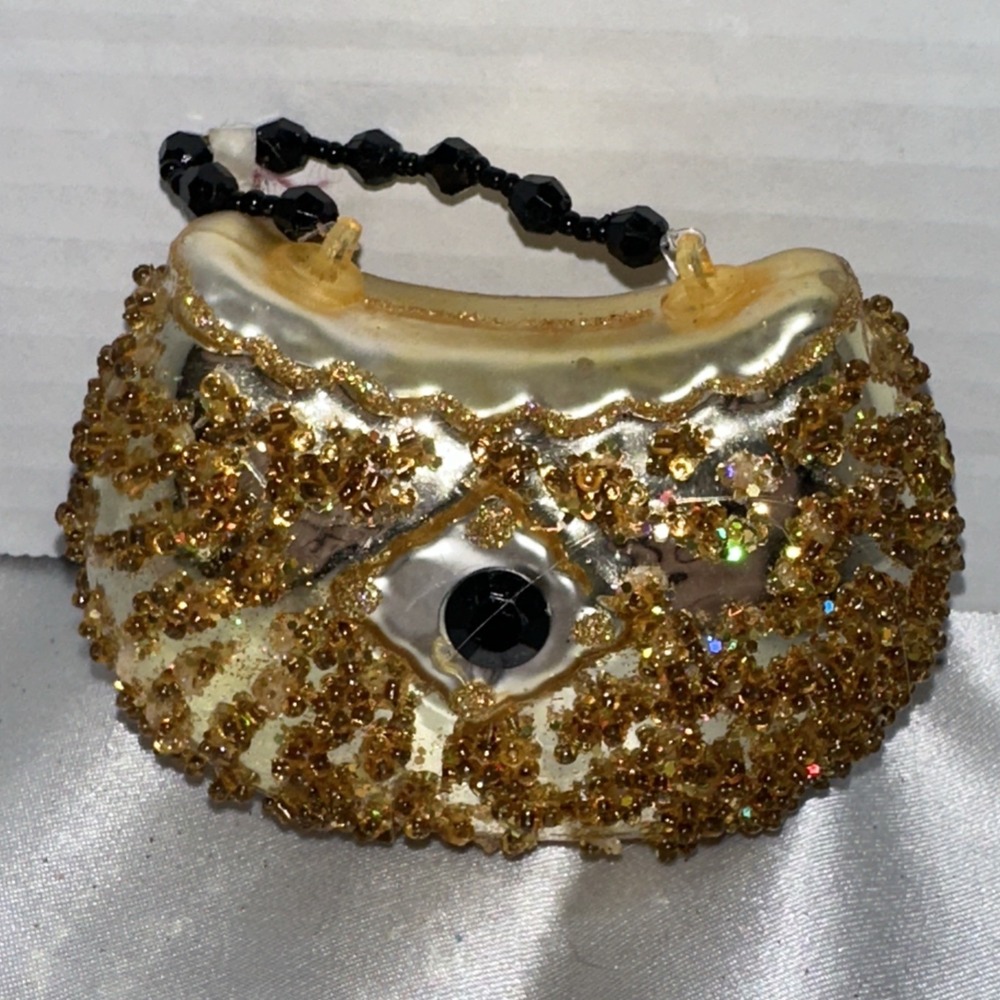 Vintage Pier 1 Gold Glitter Beaded Glass Purse Christmas Ornament Handbag